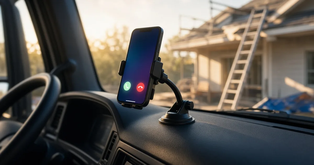 A contractor's smartphone on a work truck dashboard showing an incoming call, with warm morning light over a jobsite.