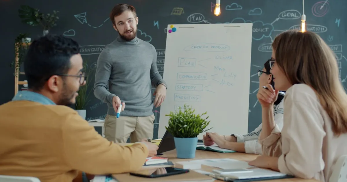 Team collaborating around a whiteboard during a meeting.