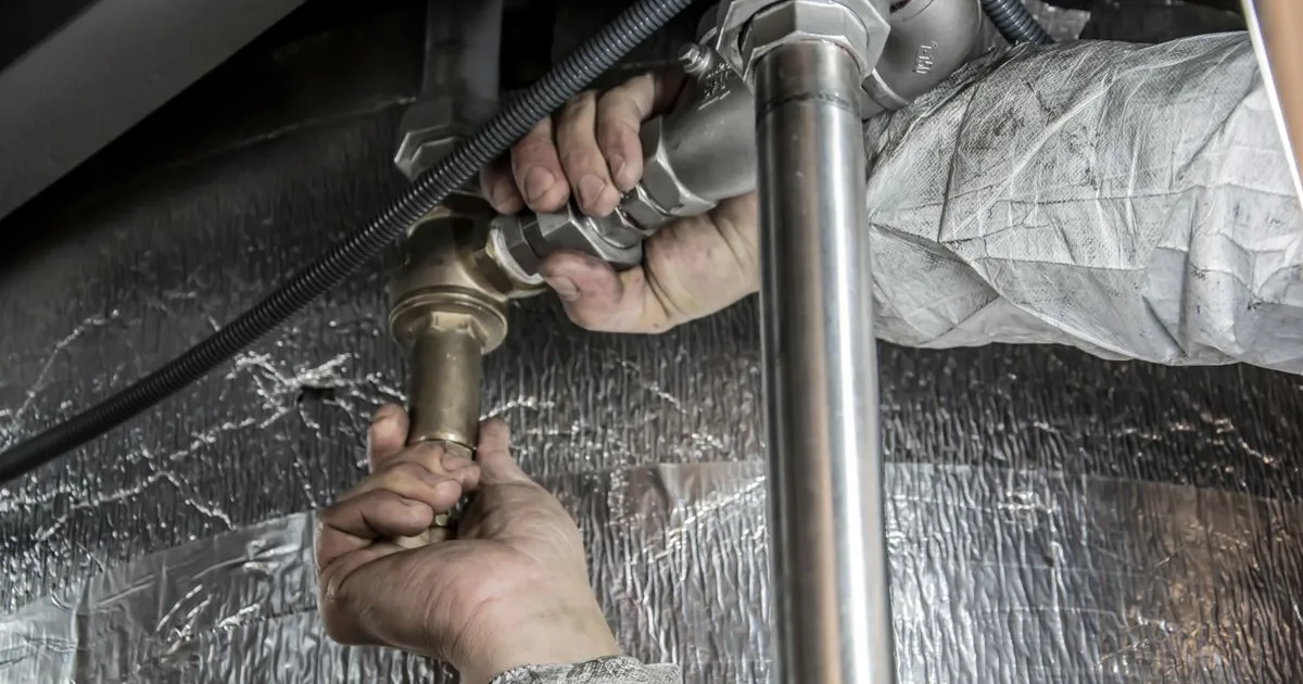 Plumber hands tightening pipe fittings under a sink with wrench and copper connections