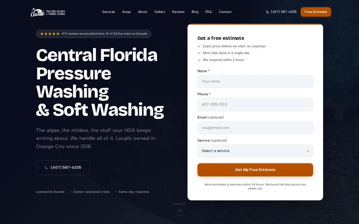 Redesigned classicpressurewashing.com homepage, mobile-first layout with a free estimate form above the fold
