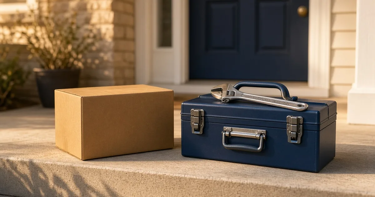 A delivery box next to a tradesman's toolbox and wrench on a front porch