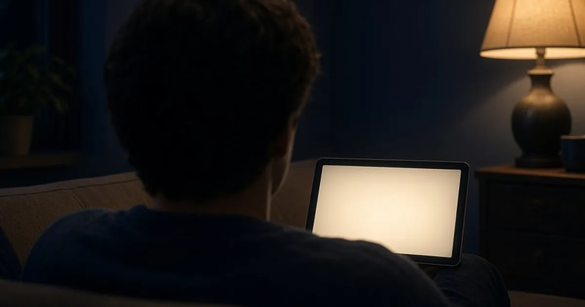A homeowner seen from behind on a sofa at night, looking at a glowing tablet