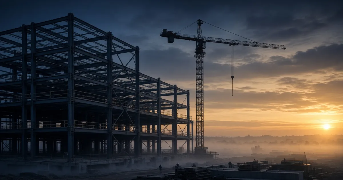 A steel-frame commercial building under construction with a tower crane at sunrise