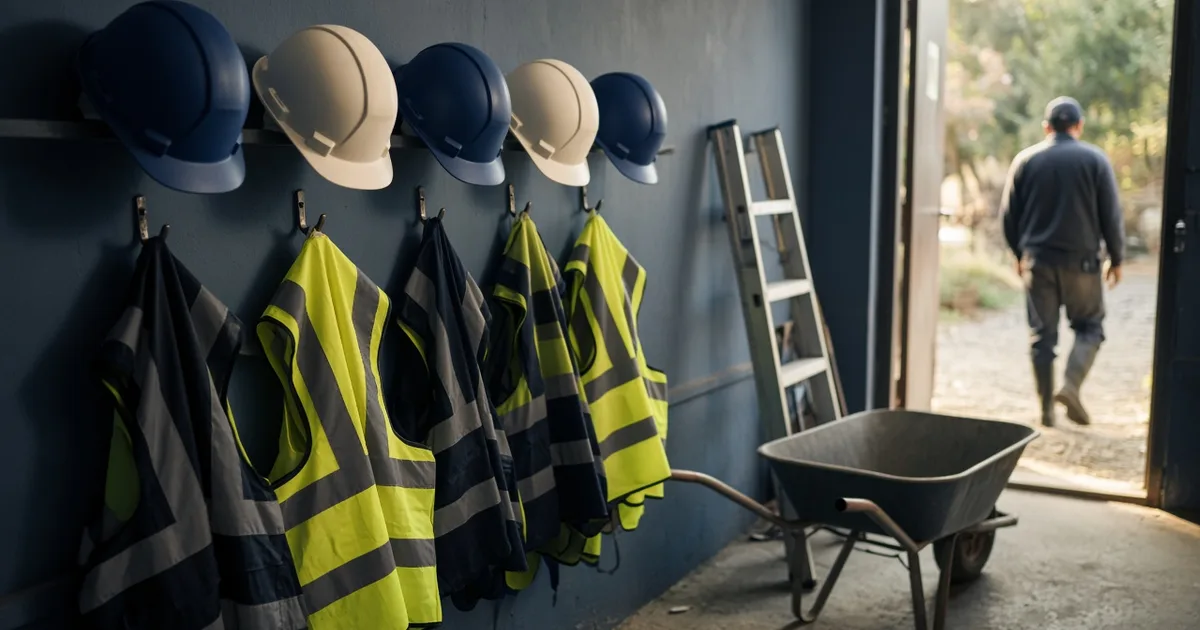 Empty hard hats and safety vests on hooks as a worker heads out to the job site