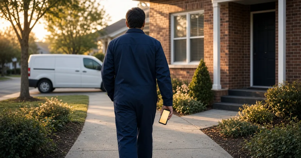 A service technician walking up a front path toward a brick home at dusk with a work van parked at the curb