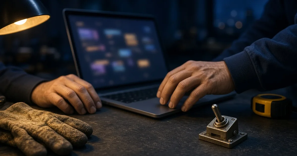 Hands reviewing a Google Ads dashboard on a laptop next to a work glove and tape measure