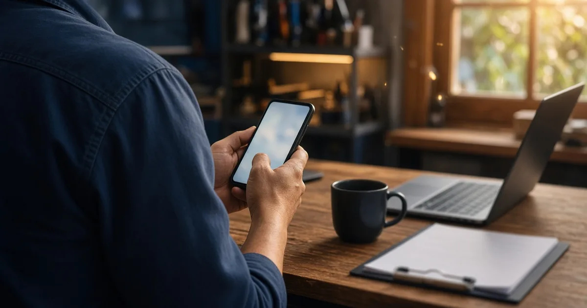 A contractor checking their phone at a workbench next to a laptop and coffee