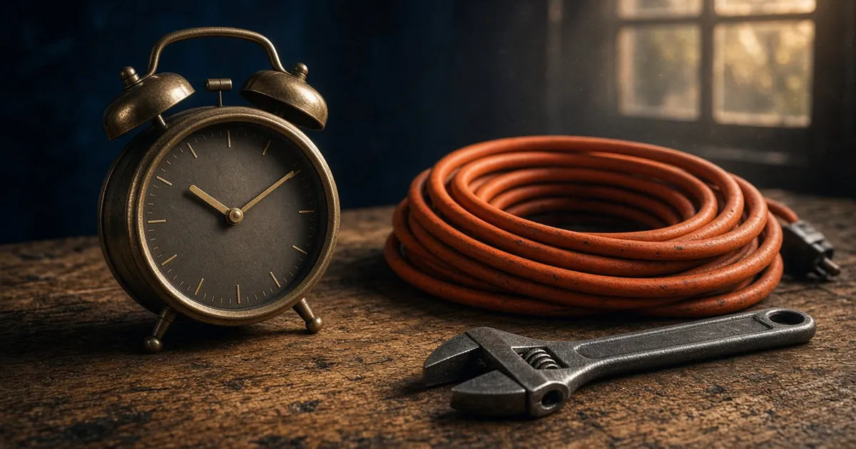 A brass alarm clock beside a coiled orange cord and an adjustable wrench on a workbench