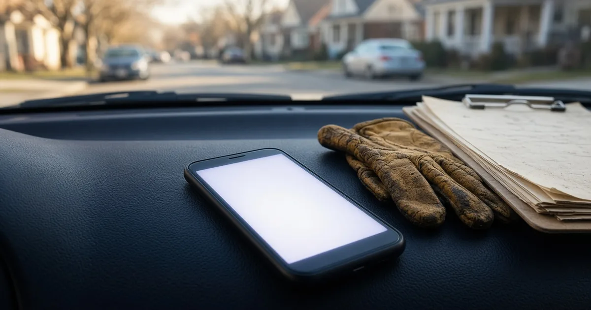 A contractor's phone on a truck dashboard next to work gloves and a clipboard