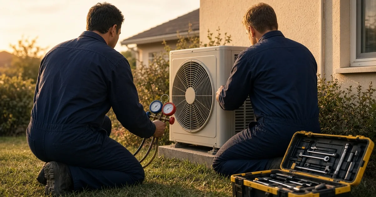 Two HVAC technicians servicing an outdoor condenser unit outside a home