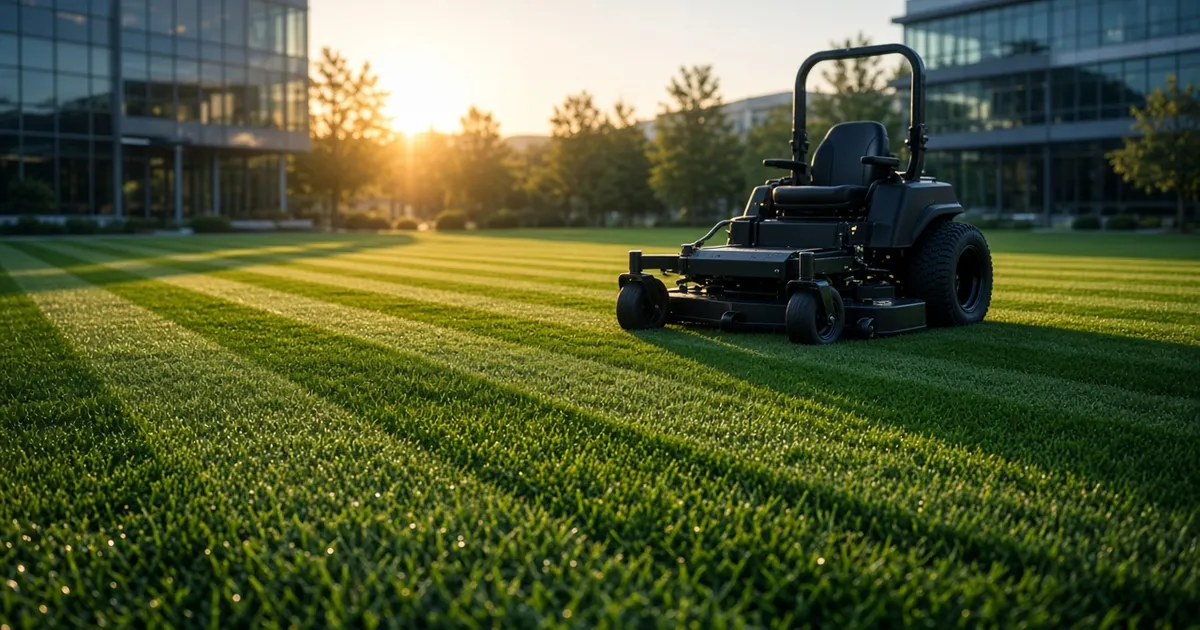 A driverless zero-turn mower cutting a striped lawn in front of glass office buildings