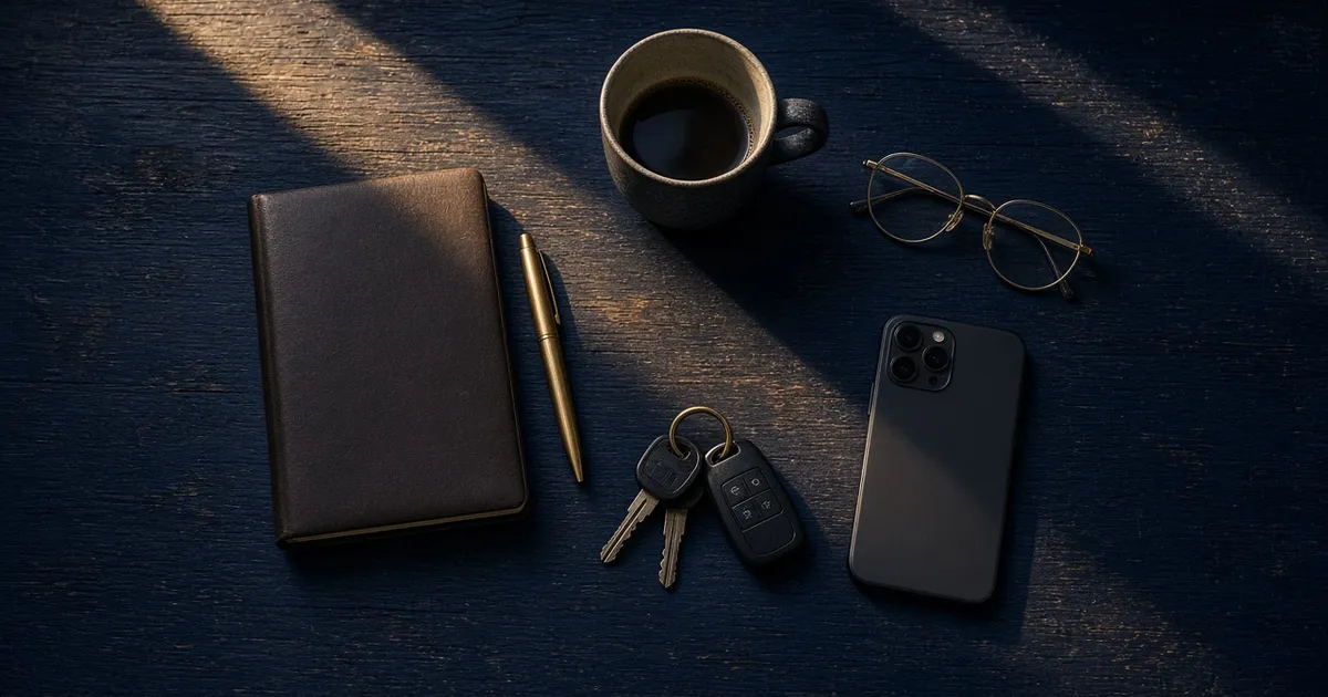 A leather notebook, pen, keys, glasses, and a face-down phone on a desk in morning light